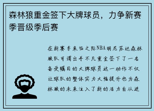 森林狼重金签下大牌球员，力争新赛季晋级季后赛