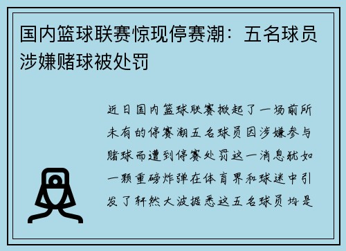 国内篮球联赛惊现停赛潮：五名球员涉嫌赌球被处罚