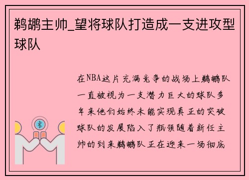 鹈鹕主帅_望将球队打造成一支进攻型球队