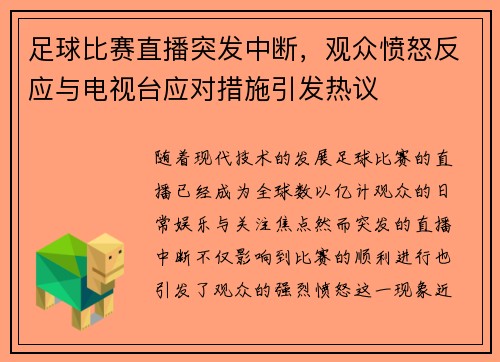 足球比赛直播突发中断，观众愤怒反应与电视台应对措施引发热议